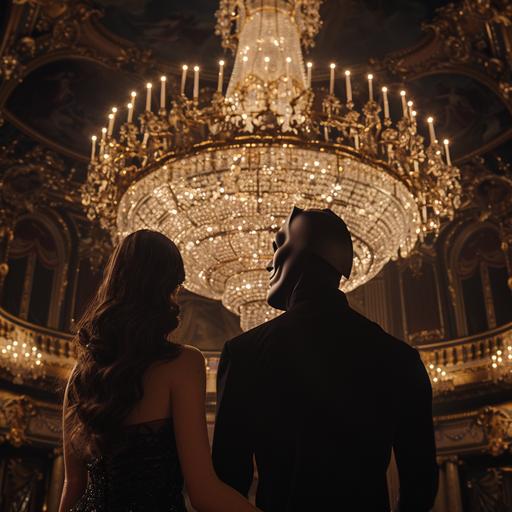 the Phantom of the opera, wearing a mask that obscures half of his face sings just beneath a gorgeous chandelier in the Paris opera as a terrified and beautiful young woman watches on, photorealistic, intricate details, dramatic, 4K, v 6