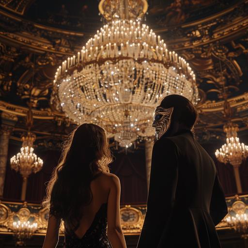 the Phantom of the opera, wearing a mask that obscures half of his face sings just beneath a gorgeous chandelier in the Paris opera as a terrified and beautiful young woman watches on, photorealistic, intricate details, dramatic, 4K, v 6