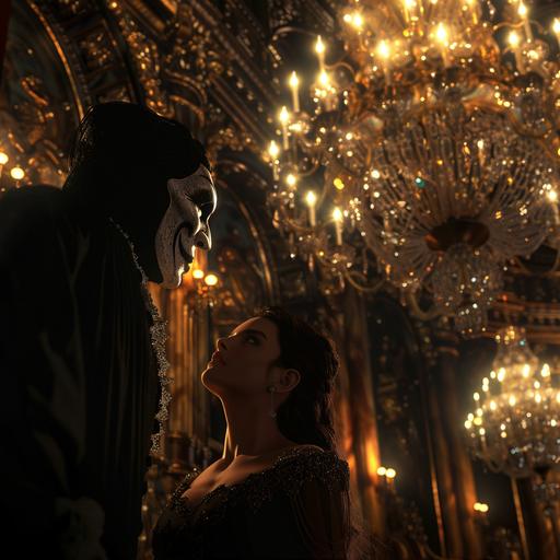 the Phantom of the opera, wearing a mask that obscures half of his face sings just beneath a gorgeous chandelier in the Paris opera as a terrified and beautiful young woman watches on, photorealistic, intricate details, dramatic, 4K, v 6