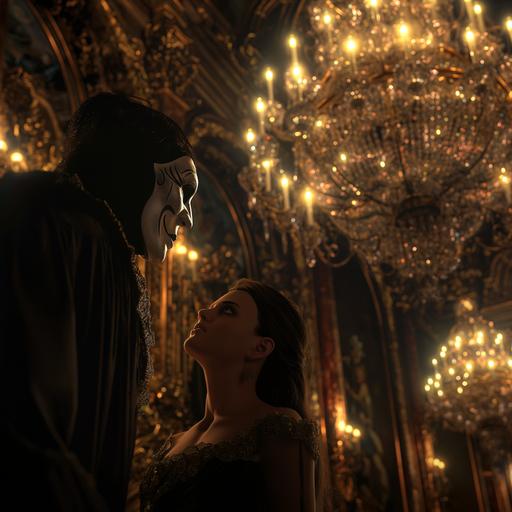 the Phantom of the opera, wearing a mask that obscures half of his face sings just beneath a gorgeous chandelier in the Paris opera as a terrified and beautiful young woman watches on, photorealistic, intricate details, dramatic, 4K, v 6