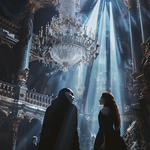 the Phantom of the opera, wearing a mask that obscures half of his face sings just beneath a gorgeous chandelier in the Paris opera as a terrified and beautiful young woman watches on, photorealistic, intricate details, dramatic, 4K, v 6