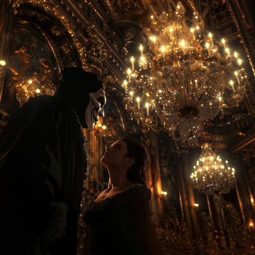 the Phantom of the opera, wearing a mask that obscures half of his face sings just beneath a gorgeous chandelier in the Paris opera as a terrified and beautiful young woman watches on, photorealistic, intricate details, dramatic, 4K, v 6