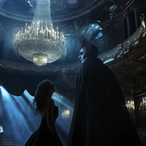 the Phantom of the opera, wearing a mask that obscures half of his face sings just beneath a gorgeous chandelier in the Paris opera as a terrified and beautiful young woman watches on, photorealistic, intricate details, dramatic, 4K, v 6