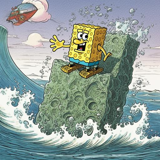 spongebob as a giant menger sponges surfing wave in hawaii, cartoon by Stephen Hillenburg --s 750 --v 5 --q 2 --q 2