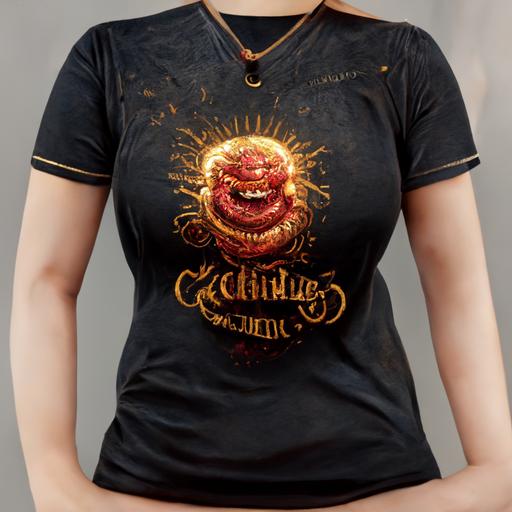 plump smiling goddess with dark red hair in tight black t-shirt, golden caligraphy typography vector motive on t-shirt, insanely detailed and intricate, hyperrealism, light and shadows, 8k, cinematic, unreal engine, concept art