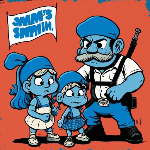 the Smurfs as Marxist fighters, mam, dad, and daughter, comic book cover