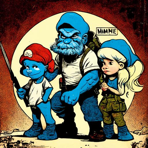 the Smurfs as Marxist fighters, mam, dad, and daughter, comic book cover