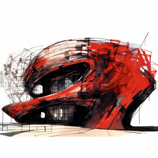 black ink stroke sketch of a stone building, in the style of distorted form, sense of quiet contemplation, animated gifs, abstract sculpture, slumped/draped, expressive character design, tangled, aerial perspective view, design a parametric zaha hadid massive sports stadium arena along side a river in a dense kawasaki japan urban environement, angular red flames, red glowing, red accent fire, sports arean interiors, blending in with nature and the organic elements, ice, frozen water, nightime and back-lit sunset, moody atmosphere, black metals and hammered copper, curves, smooth shapes, occlusion, moody, sunset, concept art, octane rendering, 8k, highly detailed, concept art, highly detailed, beautiful scenery, cinematic, beautiful light, hyperreal, octane render, hdr, long exposure, 8K, realistic, fog, moody