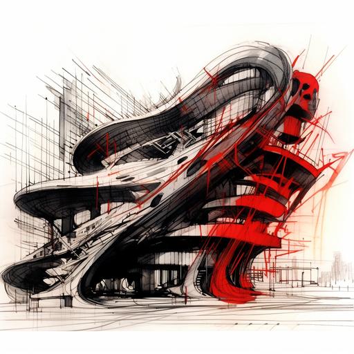 black ink stroke sketch of a stone building, in the style of distorted form, sense of quiet contemplation, animated gifs, abstract sculpture, slumped/draped, expressive character design, tangled, aerial perspective view, design a parametric zaha hadid massive sports stadium arena along side a river in a dense kawasaki japan urban environement, angular red flames, red glowing, red accent fire, sports arean interiors, blending in with nature and the organic elements, ice, frozen water, nightime and back-lit sunset, moody atmosphere, black metals and hammered copper, curves, smooth shapes, occlusion, moody, sunset, concept art, octane rendering, 8k, highly detailed, concept art, highly detailed, beautiful scenery, cinematic, beautiful light, hyperreal, octane render, hdr, long exposure, 8K, realistic, fog, moody