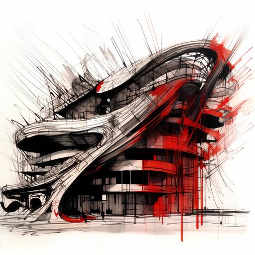 black ink stroke sketch of a stone building, in the style of distorted form, sense of quiet contemplation, animated gifs, abstract sculpture, slumped/draped, expressive character design, tangled, aerial perspective view, design a parametric zaha hadid massive sports stadium arena along side a river in a dense kawasaki japan urban environement, angular red flames, red glowing, red accent fire, sports arean interiors, blending in with nature and the organic elements, ice, frozen water, nightime and back-lit sunset, moody atmosphere, black metals and hammered copper, curves, smooth shapes, occlusion, moody, sunset, concept art, octane rendering, 8k, highly detailed, concept art, highly detailed, beautiful scenery, cinematic, beautiful light, hyperreal, octane render, hdr, long exposure, 8K, realistic, fog, moody