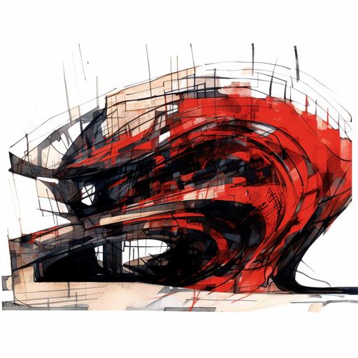 black ink stroke sketch of a stone building, in the style of distorted form, sense of quiet contemplation, animated gifs, abstract sculpture, slumped/draped, expressive character design, tangled, aerial perspective view, design a parametric zaha hadid massive sports stadium arena along side a river in a dense kawasaki japan urban environement, angular red flames, red glowing, red accent fire, sports arean interiors, blending in with nature and the organic elements, ice, frozen water, nightime and back-lit sunset, moody atmosphere, black metals and hammered copper, curves, smooth shapes, occlusion, moody, sunset, concept art, octane rendering, 8k, highly detailed, concept art, highly detailed, beautiful scenery, cinematic, beautiful light, hyperreal, octane render, hdr, long exposure, 8K, realistic, fog, moody