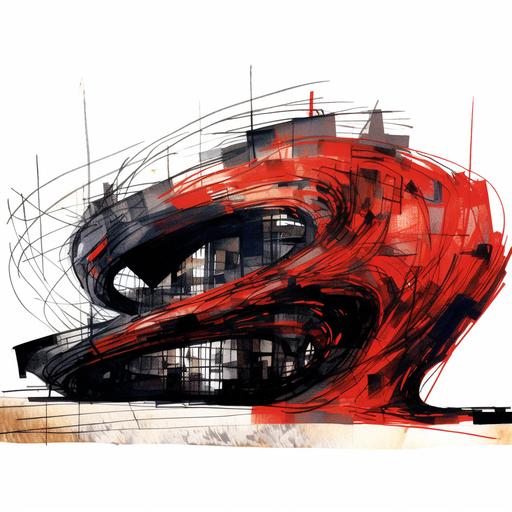 black ink stroke sketch of a stone building, in the style of distorted form, sense of quiet contemplation, animated gifs, abstract sculpture, slumped/draped, expressive character design, tangled, aerial perspective view, design a parametric zaha hadid massive sports stadium arena along side a river in a dense kawasaki japan urban environement, angular red flames, red glowing, red accent fire, sports arean interiors, blending in with nature and the organic elements, ice, frozen water, nightime and back-lit sunset, moody atmosphere, black metals and hammered copper, curves, smooth shapes, occlusion, moody, sunset, concept art, octane rendering, 8k, highly detailed, concept art, highly detailed, beautiful scenery, cinematic, beautiful light, hyperreal, octane render, hdr, long exposure, 8K, realistic, fog, moody