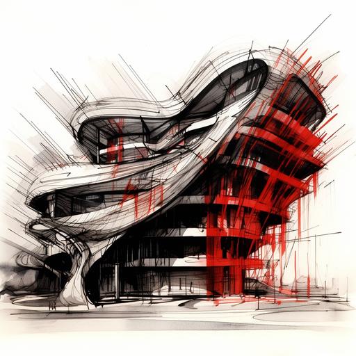 black ink stroke sketch of a stone building, in the style of distorted form, sense of quiet contemplation, animated gifs, abstract sculpture, slumped/draped, expressive character design, tangled, aerial perspective view, design a parametric zaha hadid massive sports stadium arena along side a river in a dense kawasaki japan urban environement, angular red flames, red glowing, red accent fire, sports arean interiors, blending in with nature and the organic elements, ice, frozen water, nightime and back-lit sunset, moody atmosphere, black metals and hammered copper, curves, smooth shapes, occlusion, moody, sunset, concept art, octane rendering, 8k, highly detailed, concept art, highly detailed, beautiful scenery, cinematic, beautiful light, hyperreal, octane render, hdr, long exposure, 8K, realistic, fog, moody