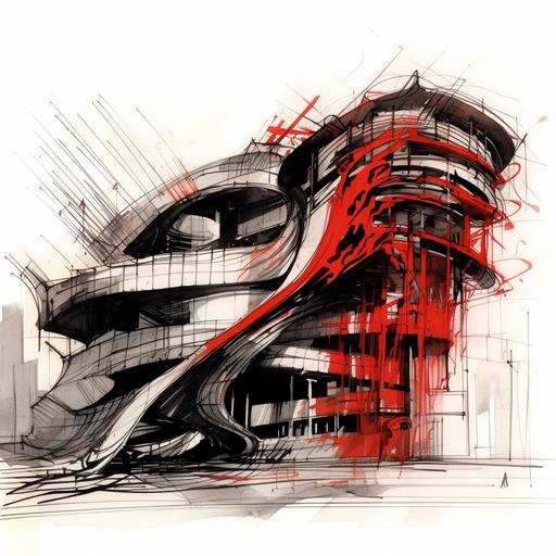 black ink stroke sketch of a stone building, in the style of distorted form, sense of quiet contemplation, animated gifs, abstract sculpture, slumped/draped, expressive character design, tangled, aerial perspective view, design a parametric zaha hadid massive sports stadium arena along side a river in a dense kawasaki japan urban environement, angular red flames, red glowing, red accent fire, sports arean interiors, blending in with nature and the organic elements, ice, frozen water, nightime and back-lit sunset, moody atmosphere, black metals and hammered copper, curves, smooth shapes, occlusion, moody, sunset, concept art, octane rendering, 8k, highly detailed, concept art, highly detailed, beautiful scenery, cinematic, beautiful light, hyperreal, octane render, hdr, long exposure, 8K, realistic, fog, moody