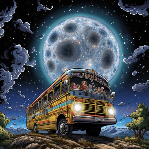 a bus orbiting the moon in the style of robert crumb cartoon maximum detail, stars in the background