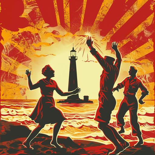 a group of people dancing on a beach with a lighthouse in the background, euphoric, in the style of a 1930s holiday poster