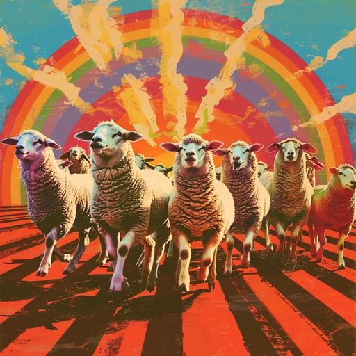 a group of sheep dancing, euphoric, rainbow in the background, in the style of a soviet propaganda poster
