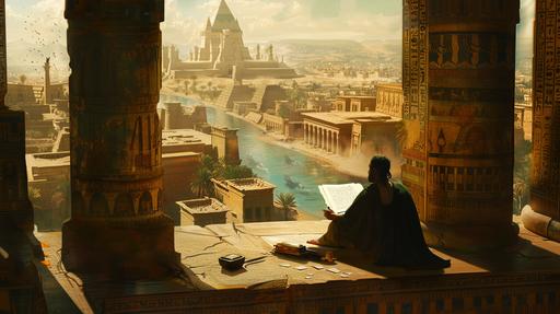 the acient city of babylon, a writer is sitting an a balcony with epic view of the city, in his hand he holds an acient pen and is writing the Gilgamesh Epos on papyrus, long shot, style: Arik Brauer, --ar 16:9