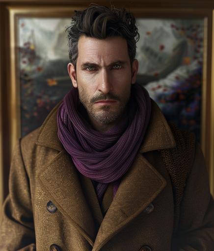 the actor in a purple scarf and brown coat is standing in front of a painting, in the style of pixel art, realistic hyper-detail, jason limon, sharp/prickly, rendered in maya, webcam, pensive portraiture --ar 17:20