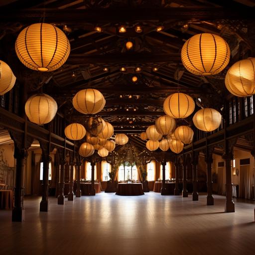 the ancient Aztec ballroom with paper lantern chandelier