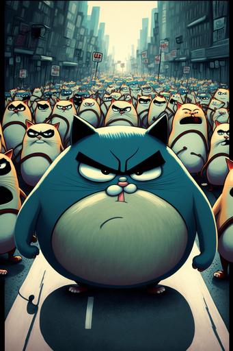 the annual march of the angry fat cats, stylized cartoon, whimsical --ar 2:3 --s 400 --no text, border, artifacts --v 4