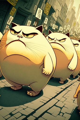 the annual march of the angry fat cats, stylized cartoon, whimsical --ar 2:3 --s 400 --no text, border, artifacts --v 4