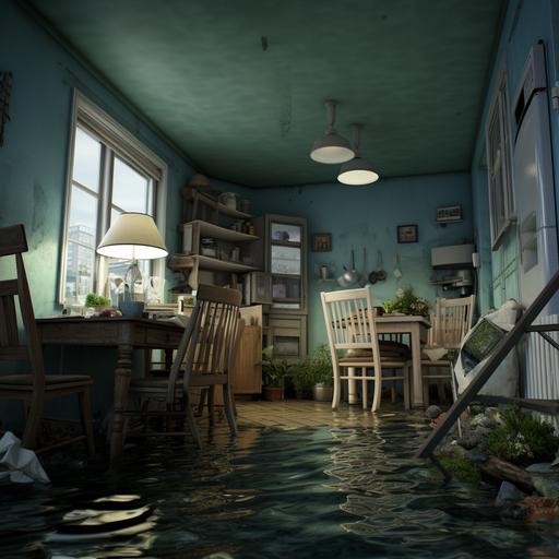 the apartment was flooded from the neighboring apartment on the top floor, all the equipment was left under the water, water color blue, the refrigerator, TV, table chairs were floating in the water, the water was full, the color of the wall was green, qhd, 8k, realistic photo, --ar 1:1