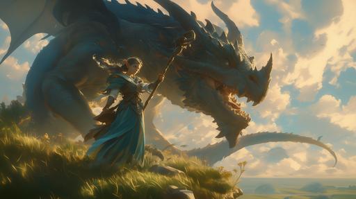 the apprentice magus, a wannabe mage that has still a long way to go. Incarnated by a young female halfling holding a wizard staff way too large for her, in front of a perplexed loolking dragon. By Jeff Easley --ar 16:9 --s 250 --niji 6