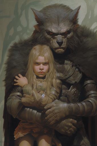 the armored grey anthro wolf man warrior holding the cute tween anglo girl to his chest, protective fatherly vibe, heroic, inspirational , techno fantasy animecore feel, high detail realistic gouache painted scene by gerald brom, brian froud, , and keith parkinson --q 2 --ar 2:3