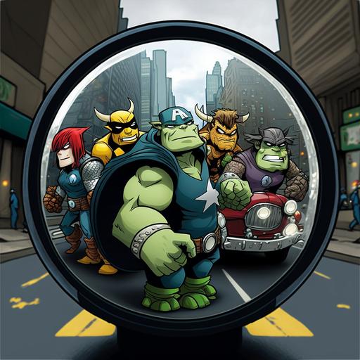 the avengers taking a photo in a traffic mirror cartoon fun