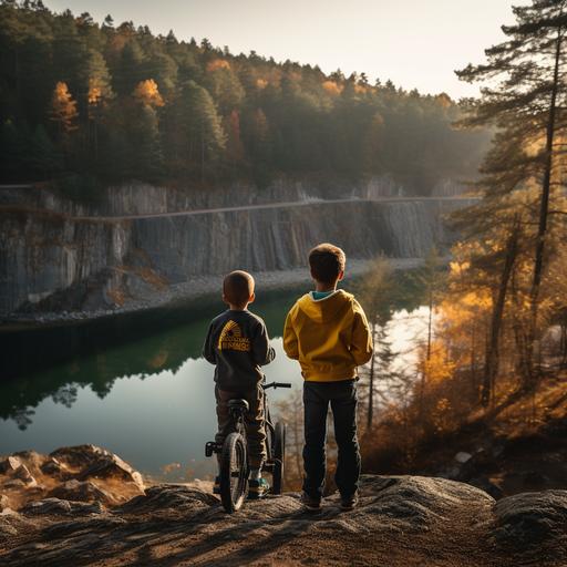 the back of a young boy holding a BMX bike in foreground and another boy in yellow tshirt in front of him on the edge of a rock side in a rock quarry, photo realistic, shot with a Sony a7 camera on a 35mm lens, cinematic, ambient lighting, tall pine trees and autumn colors, dawn, HDR, 8k