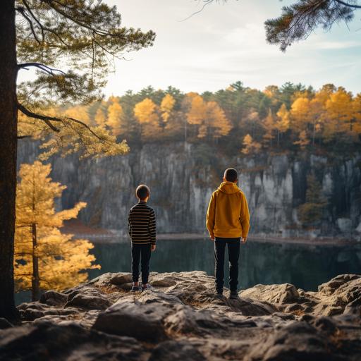 the back of a young boy in foreground and another boy in yellow tshirt in front of him on the edge of a rock side in a rock quarry, photo realistic, shot with a Sony a7 camera on a 35mm lens, cinematic, ambient lighting, tall pine trees and autumn colors, dawn, HDR, 8k