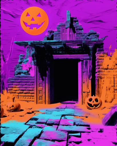 the bad expired photocopy of an 8-bit jack-o'-lantern Halloween haunted house scene print on a gouache sheet, print ink texture, in the style of psychedelic blur photo effect, finite miniscule greeble edging, in the style of text-based installations, minimal abstraction, cut-out silhouettes, overlapping shapes, ricoh ff-9d, animated shapes --ar 4:5 --upbeta