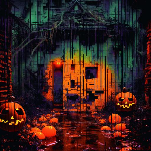 the bad expired photography of an 8-bit jack-o'-lantern Halloween haunted house scene print on a gouache sheet, print ink texture, in the style of psychedelic blur photo effect, finite miniscule greeble edging, in the style of text-based installations, minimal abstraction, cut-out silhouettes, overlapping shapes, ricoh ff-9d, animated shapes,ghosts, neon pink, neon green, neon purple, expired film photography --v 5.2