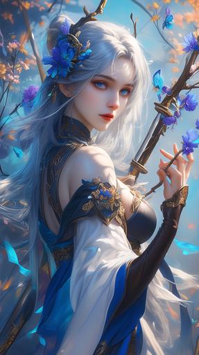 the beauty that comes alive through flower petals and masterpiece, in the style of detailed fantasy art, silver and gold, gongbi, feminine beauty, cyan and brown, charming characters, high detail , --ar 9:16 --niji 6