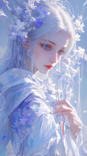 the beauty that comes alive through flower petals and masterpiece, in the style of detailed fantasy art, silver and gold, gongbi, feminine beauty, cyan and brown, charming characters, high detail , --ar 9:16 --niji 6