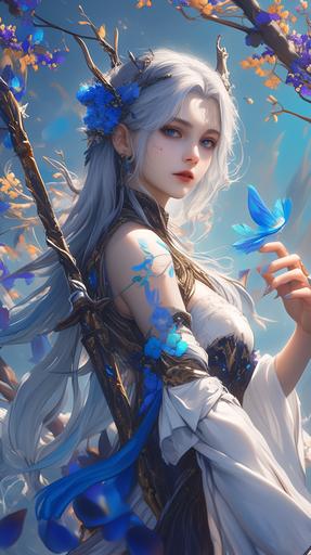 the beauty that comes alive through flower petals and masterpiece, in the style of detailed fantasy art, silver and gold, gongbi, feminine beauty, cyan and brown, charming characters, high detail , --ar 9:16 --niji 6