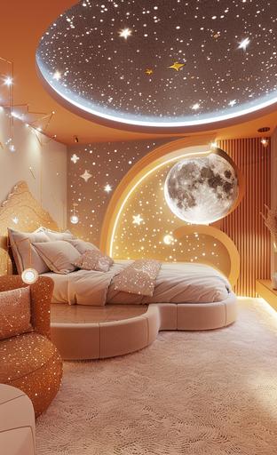 the bedroom features moon lights and a star shaped wall, in the style of light pink and light orange, ethereal and dreamlike atmosphere, dreamy pointillism, futuristic organic, rim light, minimalist stage designs, light blue and beige --ar 39:64