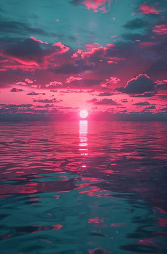 the best is yet to come text neon neon over sunset, in the style of mikalojus konstantinas ciurlionis, serene maritime themes, light maroon and azure, snapshot aesthetic, composed, light black and sky-blue, hyper-realistic water --ar 59:89 --v 6.0