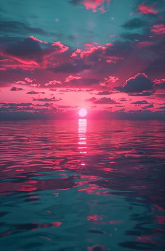 the best is yet to come text neon neon over sunset, in the style of mikalojus konstantinas ciurlionis, serene maritime themes, light maroon and azure, snapshot aesthetic, composed, light black and sky-blue, hyper-realistic water --ar 59:89 --v 6.0