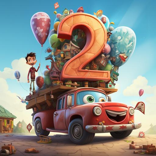 the big number 2 and under is a car, cartoon style for boys