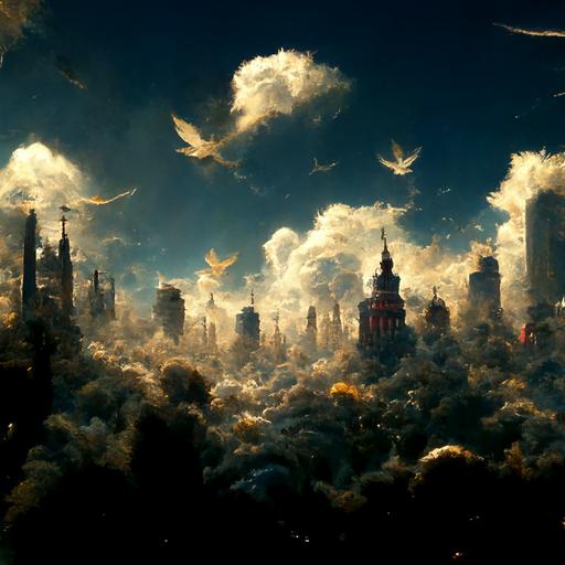 the big older city , Flying in the sky , Surrounded by many clouds , with the big war between the super heros, And birds flying in the sky ,the real image , ar 16:9 , 8k