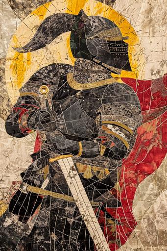 the black knight, medieval grunge poster, abstract dadaism embroidered tapestry --ar 2:3 --c 5 --v 6.0