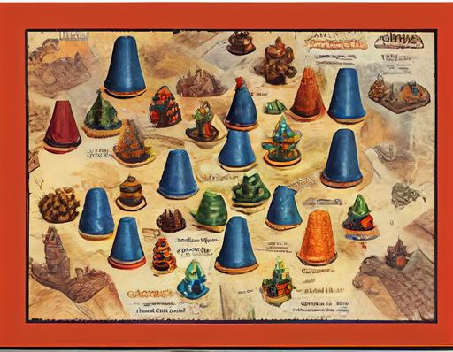 the box art for cones of dunshire, shows a map with three castles, each with towers made of plastic cones, in the style of a fantasy table top game from the 90s, the cones have basic colors: cyan, blue, yellow, burnt red, green --no dof --ar 4:3 --q 2 --s 2500 --upbeta