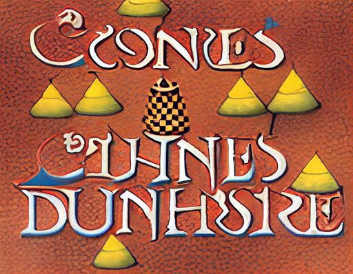 the box art for cones of dunshire, shows a map with three castles, each with towers made of plastic cones, in the style of a fantasy table top game from the 90s, the cones have basic colors: cyan, blue, yellow, burnt red, green --no dof --ar 4:3 --q 2 --s 2500 --upbeta