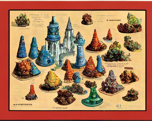 the box art for cones of dunshire, shows a map with three castles, each with towers made of plastic cones, in the style of a fantasy table top game from the 90s, the cones have basic colors: cyan, blue, yellow, burnt red, green --no dof --ar 4:3 --q 2 --s 2500
