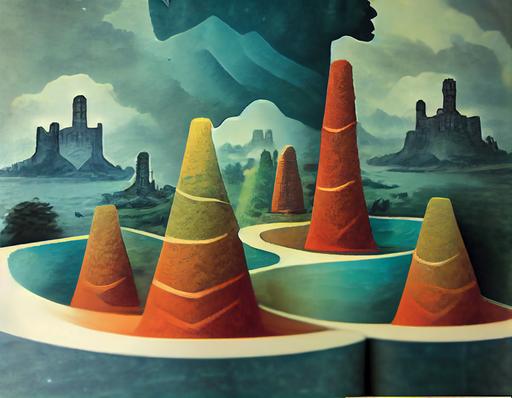 the box art for cones of dunshire, shows a map with three castles, each with towers made of plastic cones, in the style of a fantasy table top game from the 90s, the cones have basic colors: cyan, blue, yellow, burnt red, green --no dof --ar 4:3 --q 2 --s 15000 --upbeta