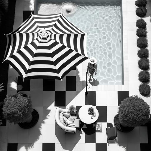 a photo taken from the top of a pool scene with a black and white pool umbrella, a black and white chaise lounge and a woman's legs next to a calm pool
