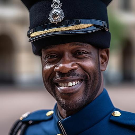 Close-up of an King’s guard of buckingham palace, African origin, strong man, friendly smiling, wearing a dark blue bearskin hat and dark blue uniform, [12-40mm 32k uhd f/2.8 Pro Natural light, enchanting lighting Nikon D850 DSLR cinematic composition, wide angle, Magazine quality Photoshoot cinematic composition, Post Processing, ultra-HD image, hyperrealistic details, Pro Photo RGB] --q 1 --v 5.1 --s 1000
