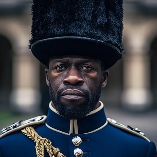 Close-up of an King’s guard of buckingham palace, African origin, strong man, wearing a dark blue bearskin hat and dark blue uniform, [12-40mm 32k uhd f/2.8 Pro Natural light, enchanting lighting Nikon D850 DSLR cinematic composition, wide angle, Magazine quality Photoshoot cinematic composition, Post Processing, ultra-HD image, hyperrealistic details, Pro Photo RGB] --q 1 --v 5.1 --s 1000